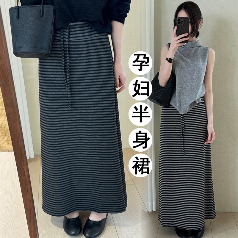 2026 New Maternity Wear Spring and Autumn High-Waisted Belly Support Striped Knit Skirt with Drawstring, Slimming and Belly-Covering Mid-Length Style