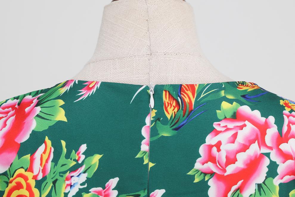 Robe amincissante à imprimé floral rétro et col en V pour femme – Robe d'été élégante mi-longue à manches courtes_voghion.com