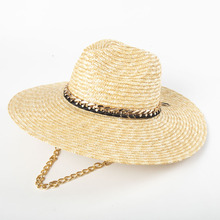 春夏季加大檐金色链条装饰个性草帽中性海边度假遮阳帽沙滩帽礼帽