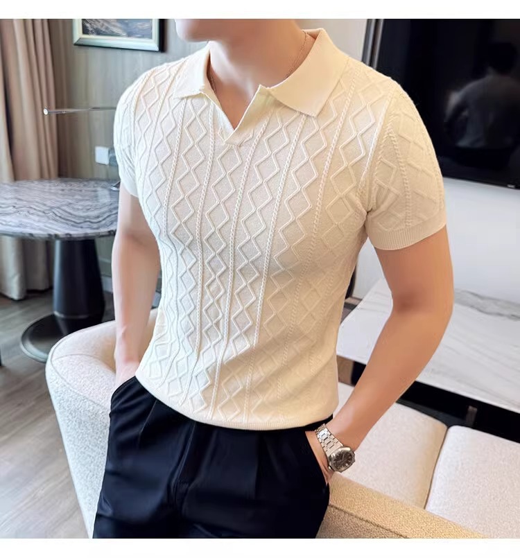 Men's Clothing Plus Size Men's Shirt Style Short Sleeved V Neck Business Collar Cable Knit T-Shirt For Formal & Casual_voghion.com