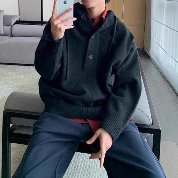 冬季半开衫连帽套头毛衣男款韩版简约纯色宽松休闲百搭针织衫上衣|undefined