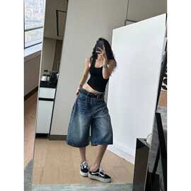 复古设计感高腰水洗七分牛仔裤女夏季新款松弛显瘦阔腿裤潮