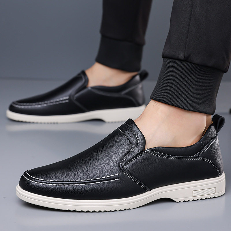 Giày lười nam cỡ lớn may thủ công, giày da casual xỏ chân, đế bằng, mũi dẹt — Màu xanh dương, màu đen