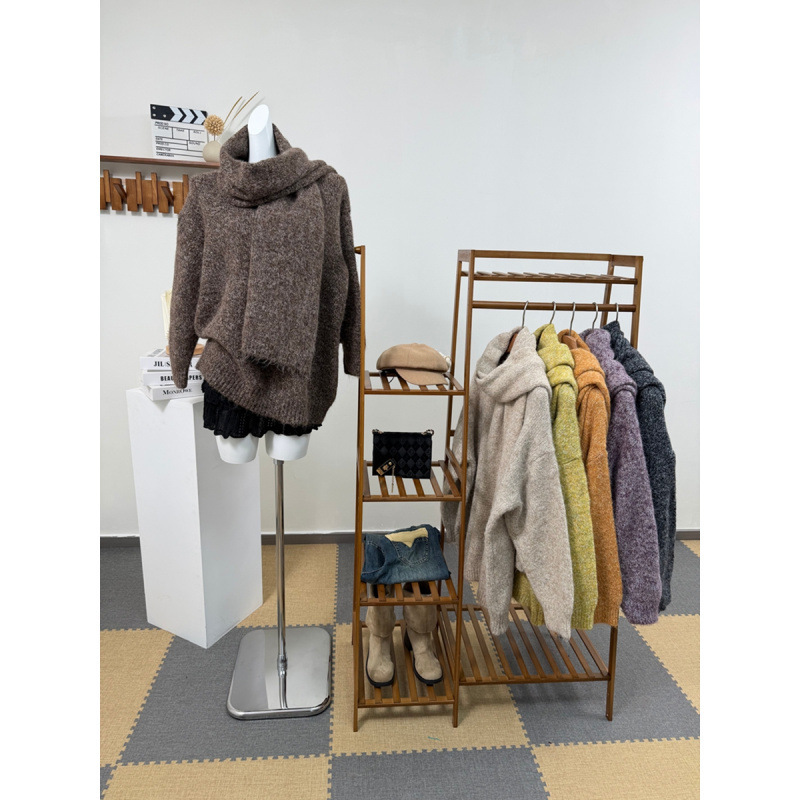 2025 Autumn and Winter V Neck Loose, Lazy and Relaxed Mid-Length Loose Furry Sweater for Women with Scarf