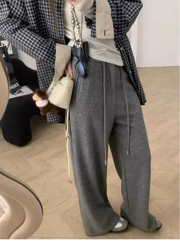 毛呢裤子灰色抽绳加厚休闲裤女2025秋冬新款慵懒风直筒宽松阔腿裤|undefined