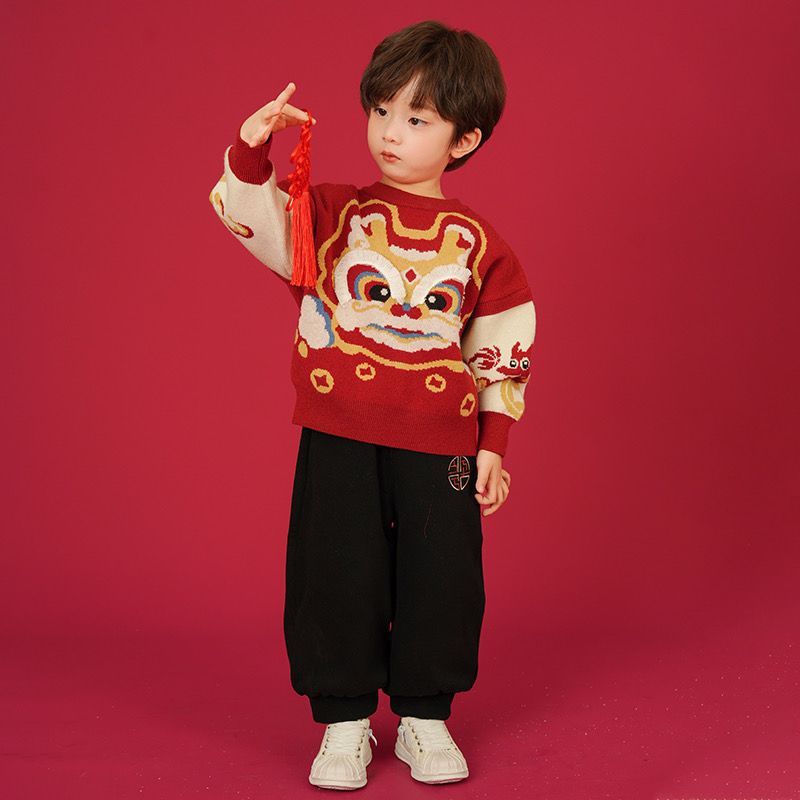어린이 신년 의류 세트 2023 년 새 소년 소녀 니트 스웨터 드래곤 투피스 세트