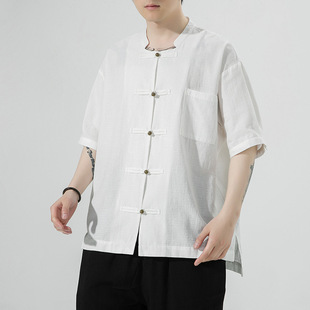2025 Chinese Style Summer New Retro Buckle Stand Collar Cotton and Linen Han Dynasty Simple Loose Linen Short-Sleeved Shirt for Men