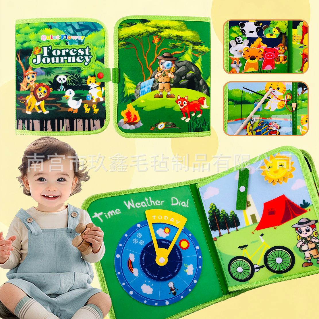 Libro de tela de felt transfronterizo para bebés rompecabezas Jungle verde libro tranquilo libro de cuentos para niños educación temprana apretada tablero de aprendizaje al por mayor