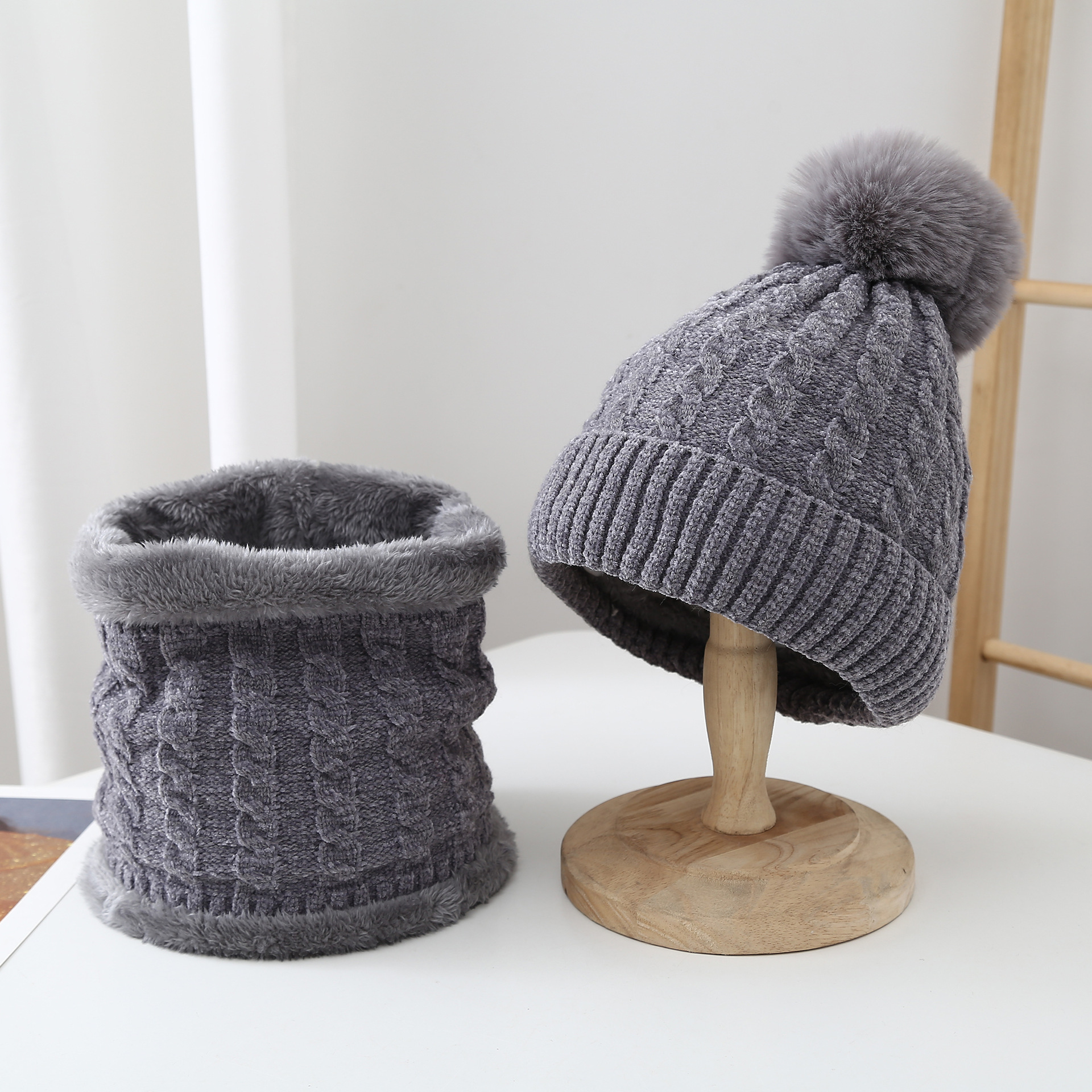 Sombrero bufanda mujer invierno versátil forro polar sombrero de punto bufanda conjunto de dos piezas Otoño e Invierno color sólido sombrero de lana image 9