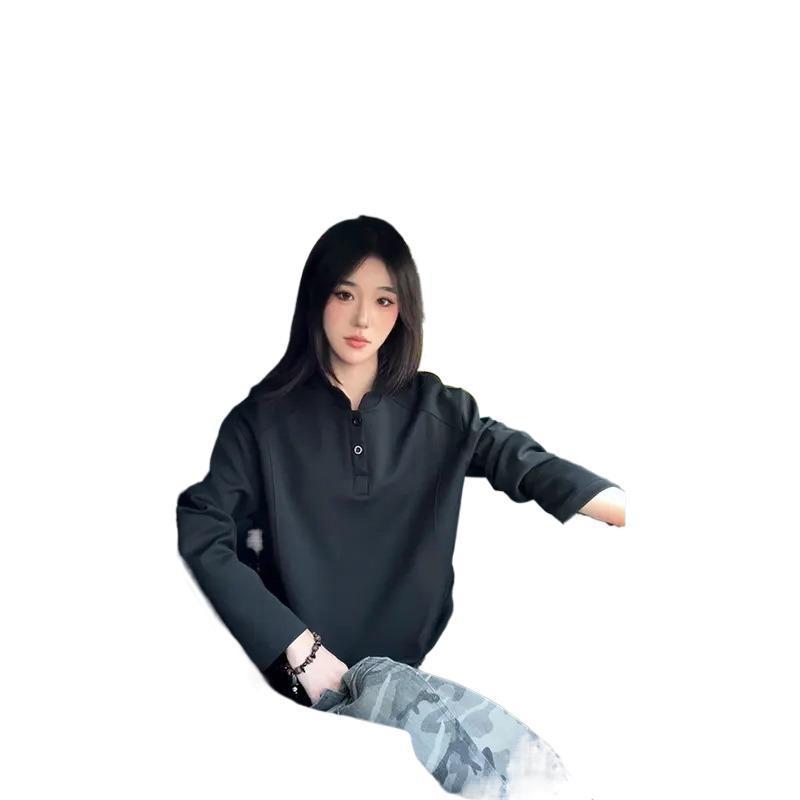 灰色亨利领长袖polo衫男款美式解构拼接正肩t恤boxy版型内搭卫衣|undefined