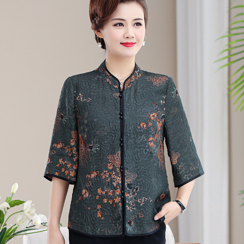 100 mulberry silk middle-aged and elderly summer blouse mother and wife silk Tang suit grandma middle sleeve