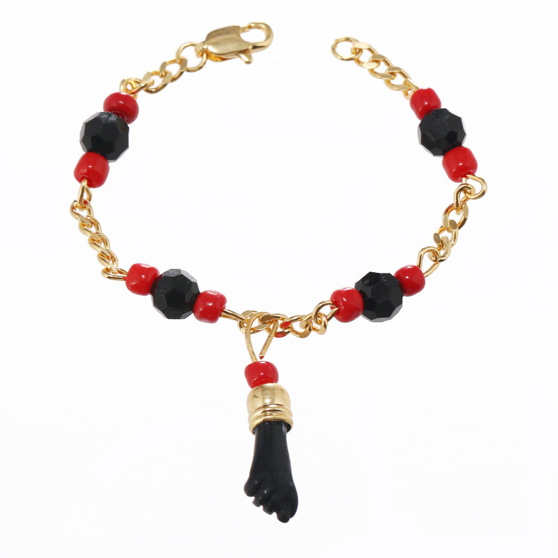 Latin American Style Mano Figa Black Small Hand Pendant Bracelet, Red Round Beads, Stainless Steel Gold-Colored Jewelry Wholesale Latin American Style Mano Figa Black Small Hand Pendant Bracelet, Red Round Beads, Stainless Steel Gold-Colored Jewelry Wholesale