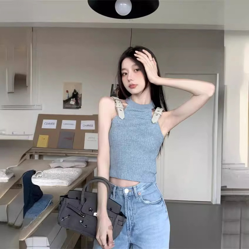 Korean Style Sweet Cool Heavy Tooling Knitted Camisole Summer New Design Short Chic Niche Spice Girl Top
