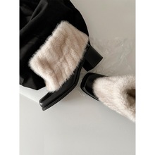 牛皮版~小众个性保暖雪地靴女法式方头粗跟加绒靴子冬季毛毛棉靴