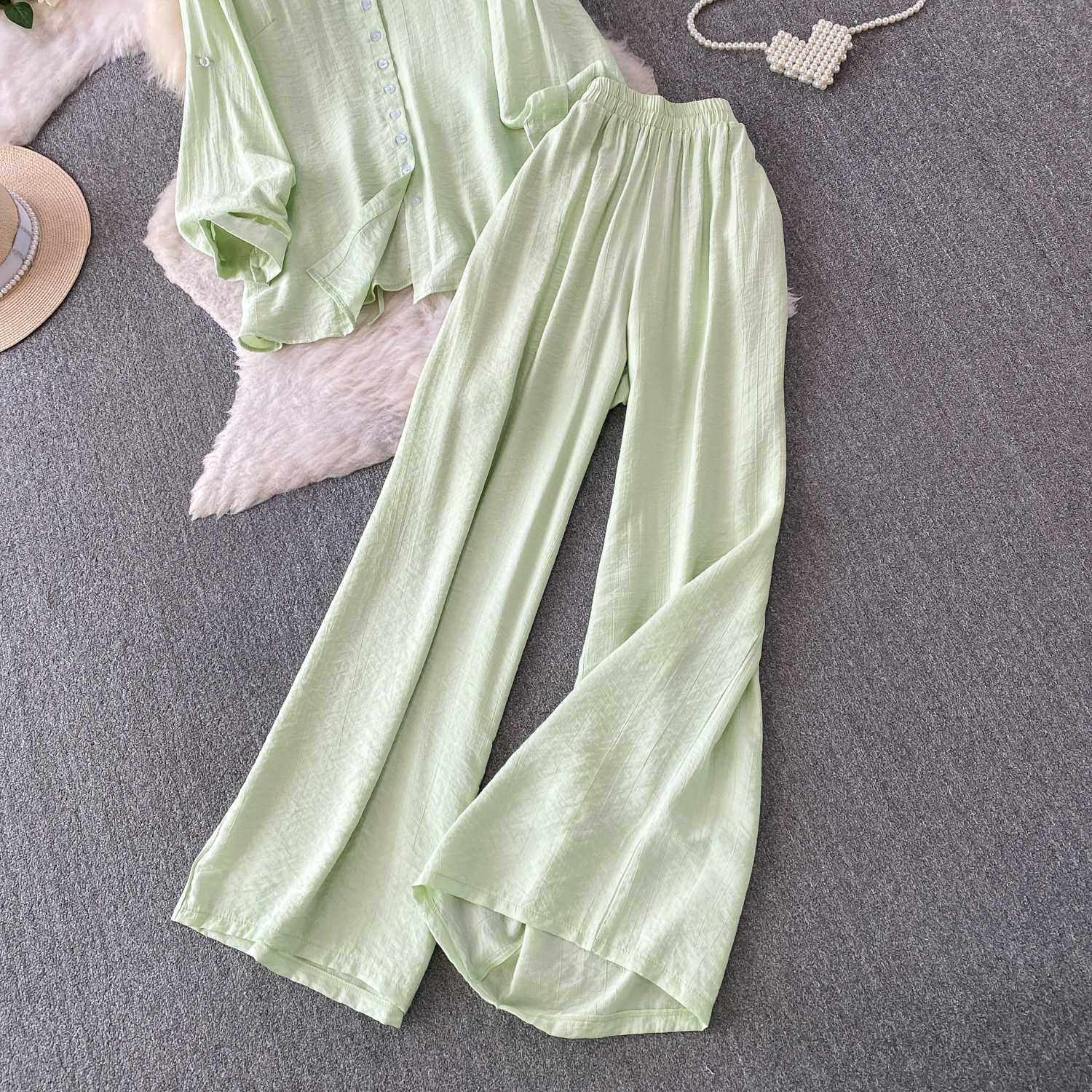 Mambo Mint Green Women's Clothing Set Refreshing Skin Friendly Breathable Loose Fitting Long Sleeved Shirt Jacket with High Waisted Wide Leg Pants_ecoleips.com