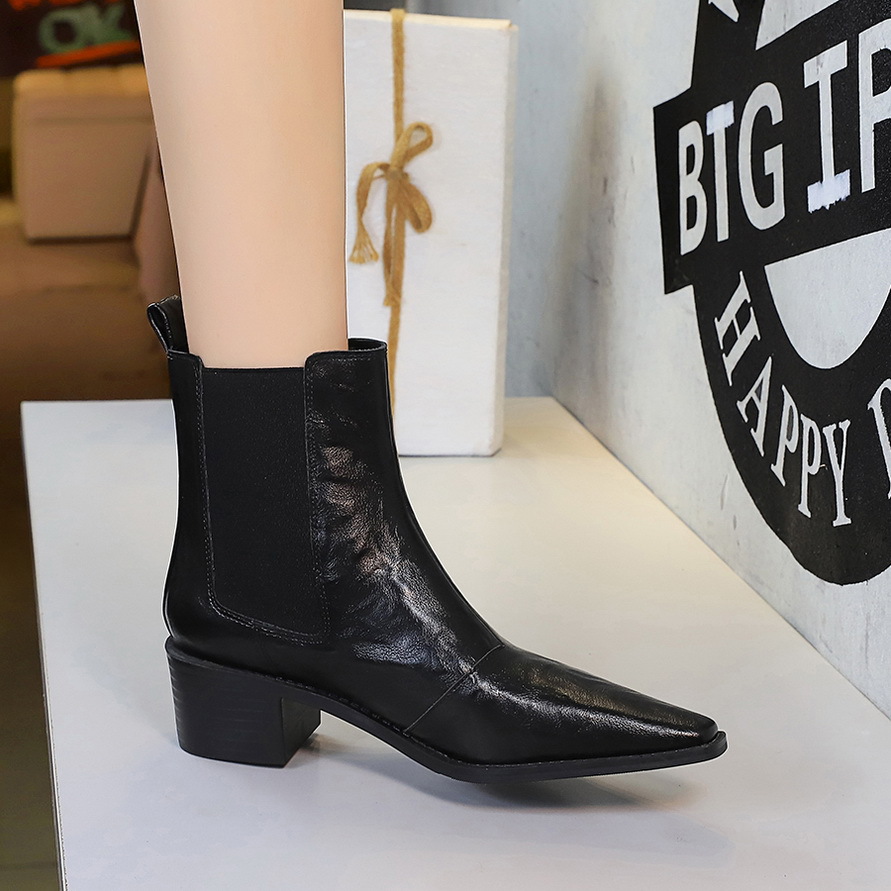 578-22 Thick Heel Chelsea Short Boots, Women's Retro Style, British Pointed Versatile, Slimming and Elastic Cigarette Boots, Martin Boots