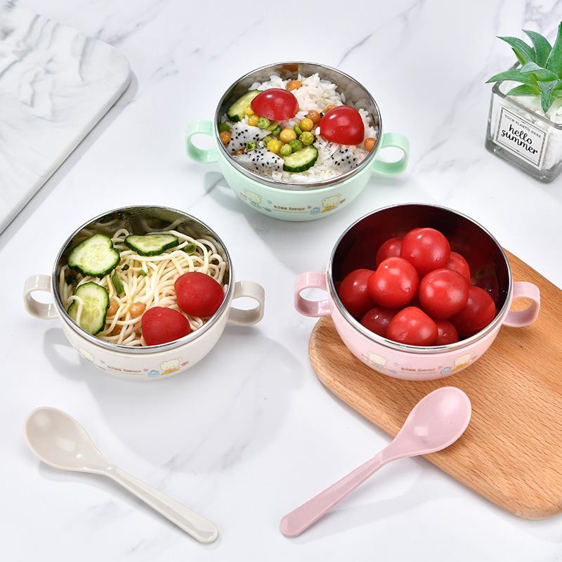 Economic and affordable stainless steel children's bowl cartoon double handle spoon with lid rice bowl baby complementary food tableware