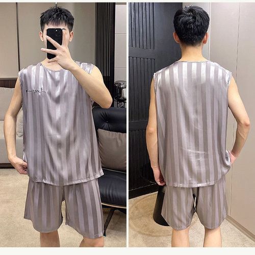 Cool and thin ice silk men's summer vest loose plus size two-piece set, outerwear home wear for wholesale