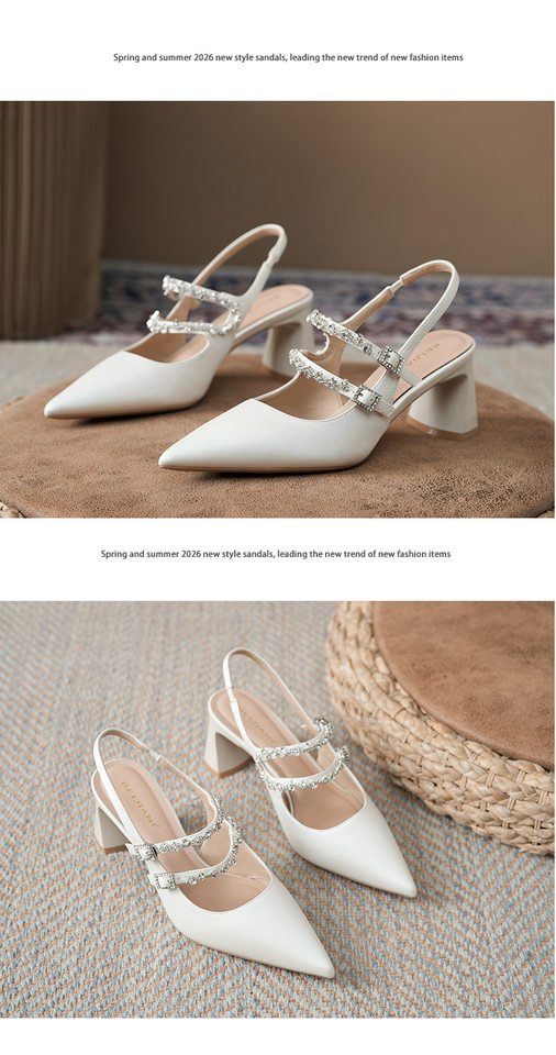 Giày sandal cao gót nữ mũi nhọn gót thô hở gót kiểu Mary Jane đính đá, gót 6–8 cm — Màu bạc, Màu trắng ngà chi tiết 12