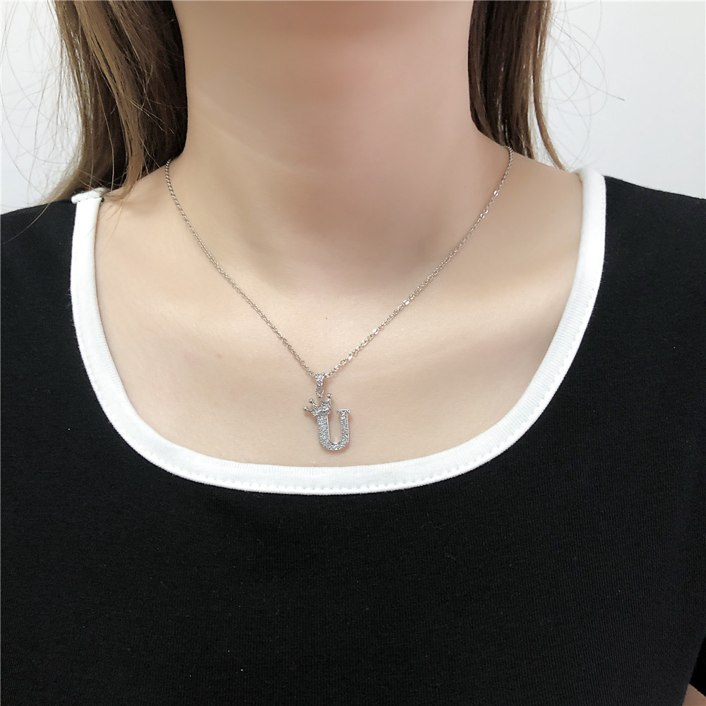 Fashion Micro-inlaid Zircon Crown English Letter Necklace Platinum Necklace Wholesale Nihaojewelry display picture 19