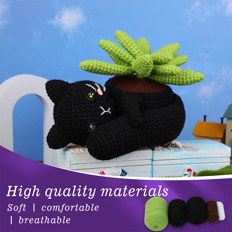 跨境新品毛线钩针材料包编织钩织可爱玩偶钩针手工手作黑猫盆栽