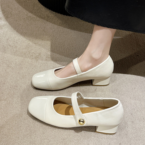 Xiaoxiangfeng shallow mid-heel single shoes for women  spring and autumn new style temperament Mary Jane shoes French thick heel small leather shoes