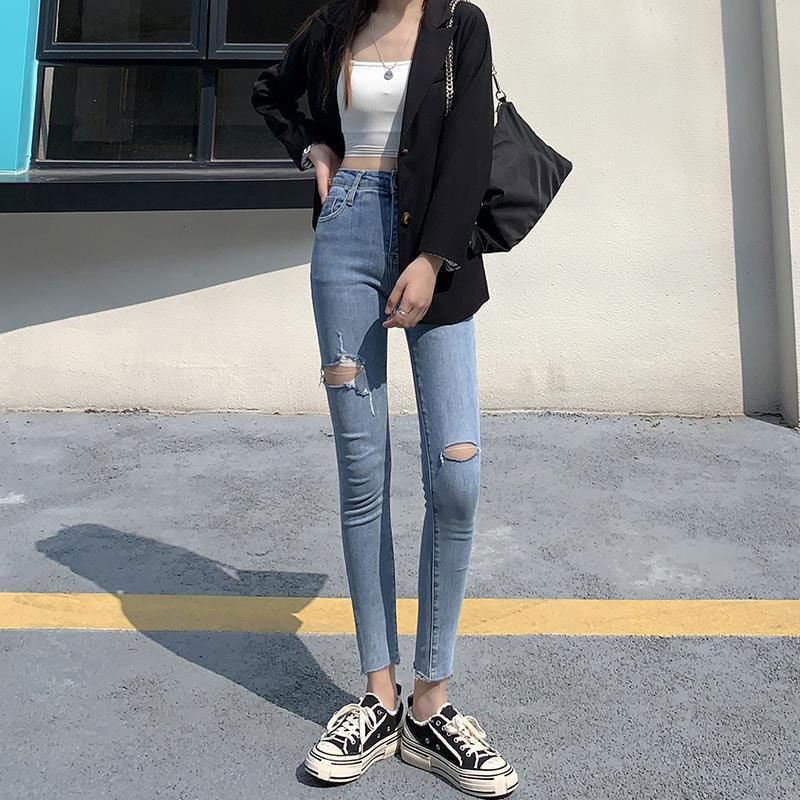 Women's Ripped Jeans, New Summer Style, Stretchy Skinny Pencil Pants, Petite Size, Height-Enhancing, Slimming, Cropped Ankle-Length Pants Women's Ripped Jeans, New Summer Style, Stretchy Skinny Pencil Pants, Petite Size, Height-Enhancing, Slimming, Cropped Ankle-Length Pants