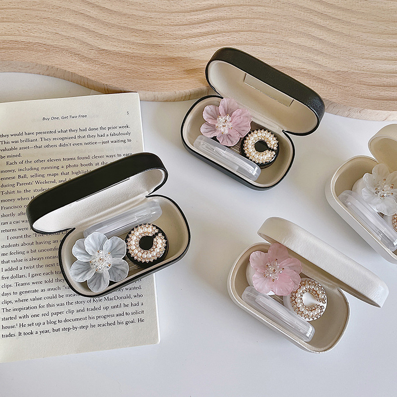 Beautiful pupil box chic vintage leather box with mirror frosted flowers a pair of contact lenses companion box care box Beautiful pupil box chic vintage leather box with mirror frosted flowers a pair of contact lenses companion box care box