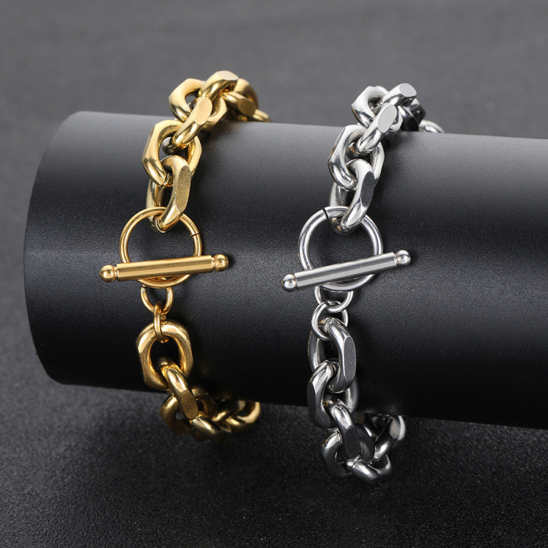 Cross-Border European and American Titanium Steel Cross Chain O-Shaped Chain Men's Bracelet Real Gold Electroplated Stainless Steel Hip-Hop Bracelet Jewelry
