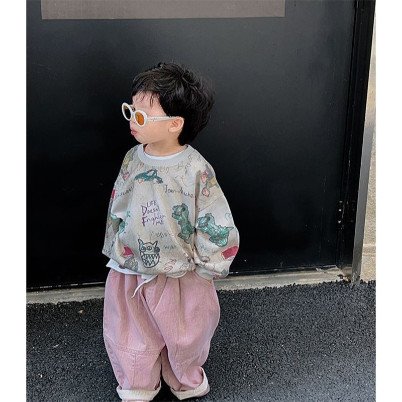 男童套装2025春秋新款高级恐龙扎染涂鸦套头卫衣杏色工装裤两件套|undefined