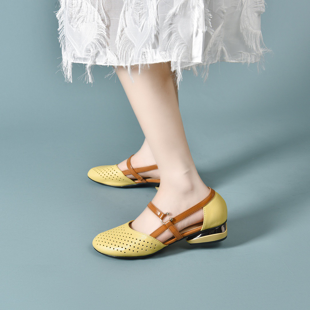 Sandal nữ da thật khoét lỗ mũi tròn đế bệt gót thấp — Màu đen chi tiết 10