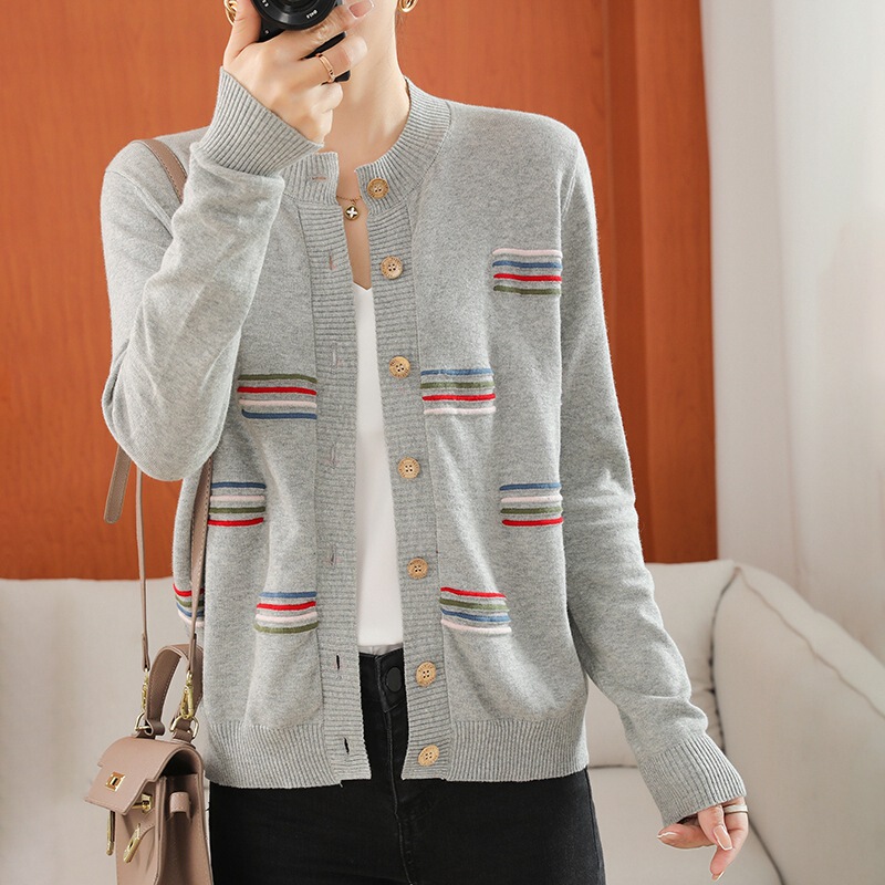 Crewneck Color-matching Single-breasted Knitted Long-sleeved Women's Top 2024 Spring and Summer Korean Style New Fashion Cardigan Loose Thin