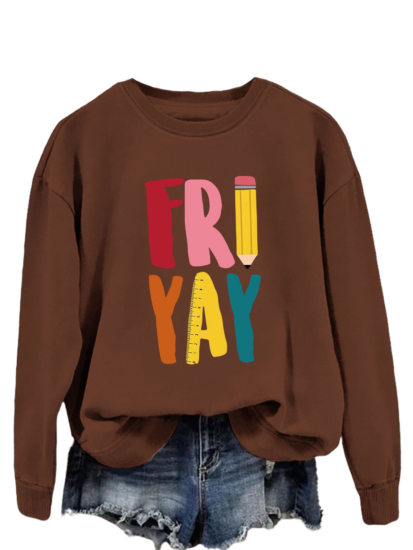 Estación independiente de moda Suelta todo fósforo superior FRI YAY lápiz divertido carta de impresión camisa de manga larga de las mujeres suéter