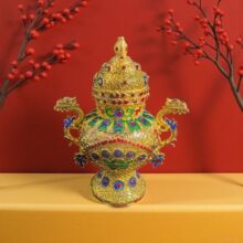 工艺品仿古做旧合金鎏金工艺双龙炉彩绘镶嵌珠宝炉铜香炉摆件