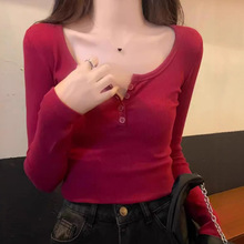 ins纯欲辣妹半开领长袖打底t恤女衫春秋螺纹修身纽扣长袖上衣小衫