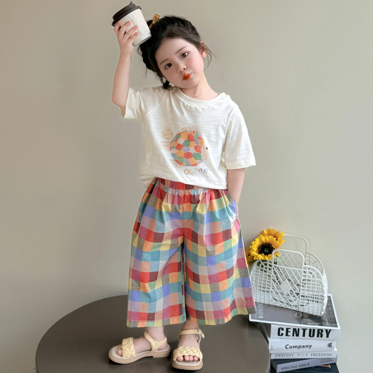 女童夏季套装2025新款儿童洋气九分阔腿裤两件套宝宝时髦夏装衣服