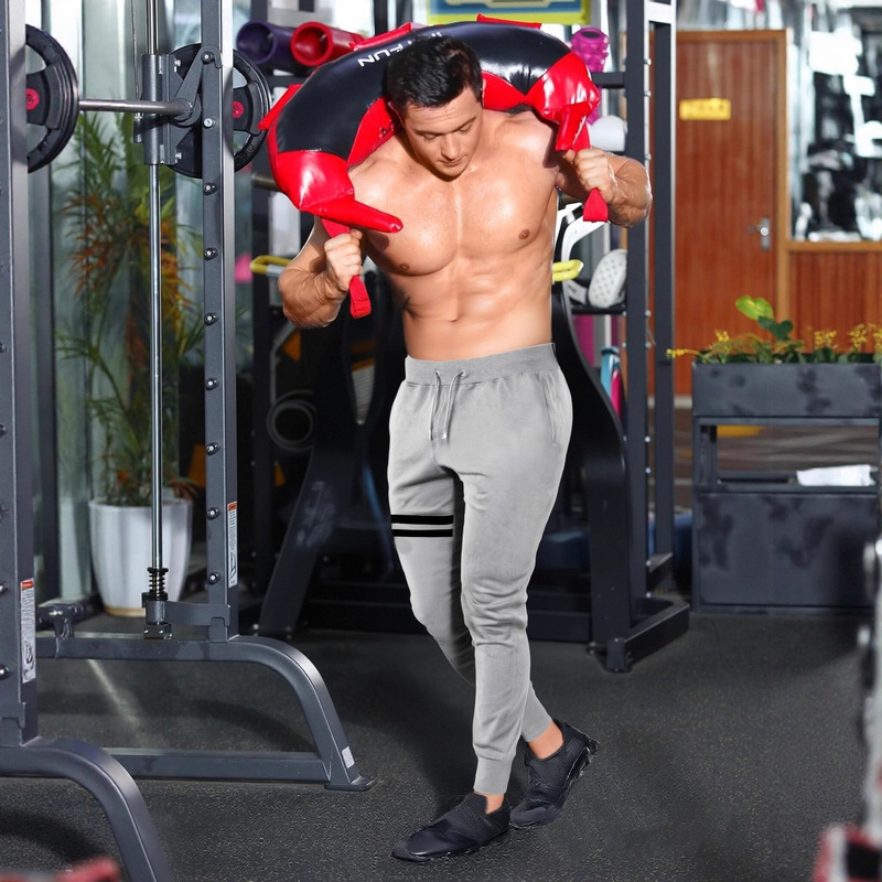 Cross-Border Men's Fitness Jogging Pants Fashion Short Striped Sports Long Pants Elastic Waist Drawstring Gym Training Long Pants