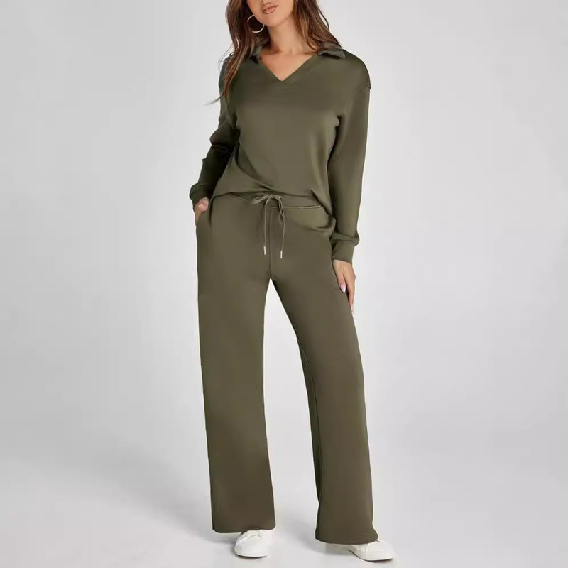 Amazon Independent Station Loose V-neck Long Sleeve Top with Drawstring Design Loose Waist Trousers Two-piece Set