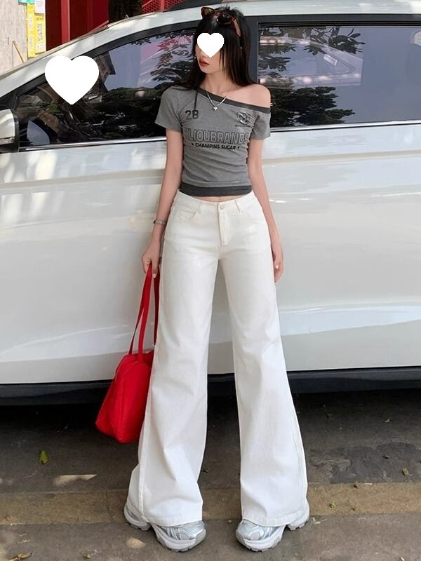 J7H Dou Dou Super Trendy New White Wide-Leg Jeans for Women, Low Waist, Slimming Straight-Leg Floor-Length Pants