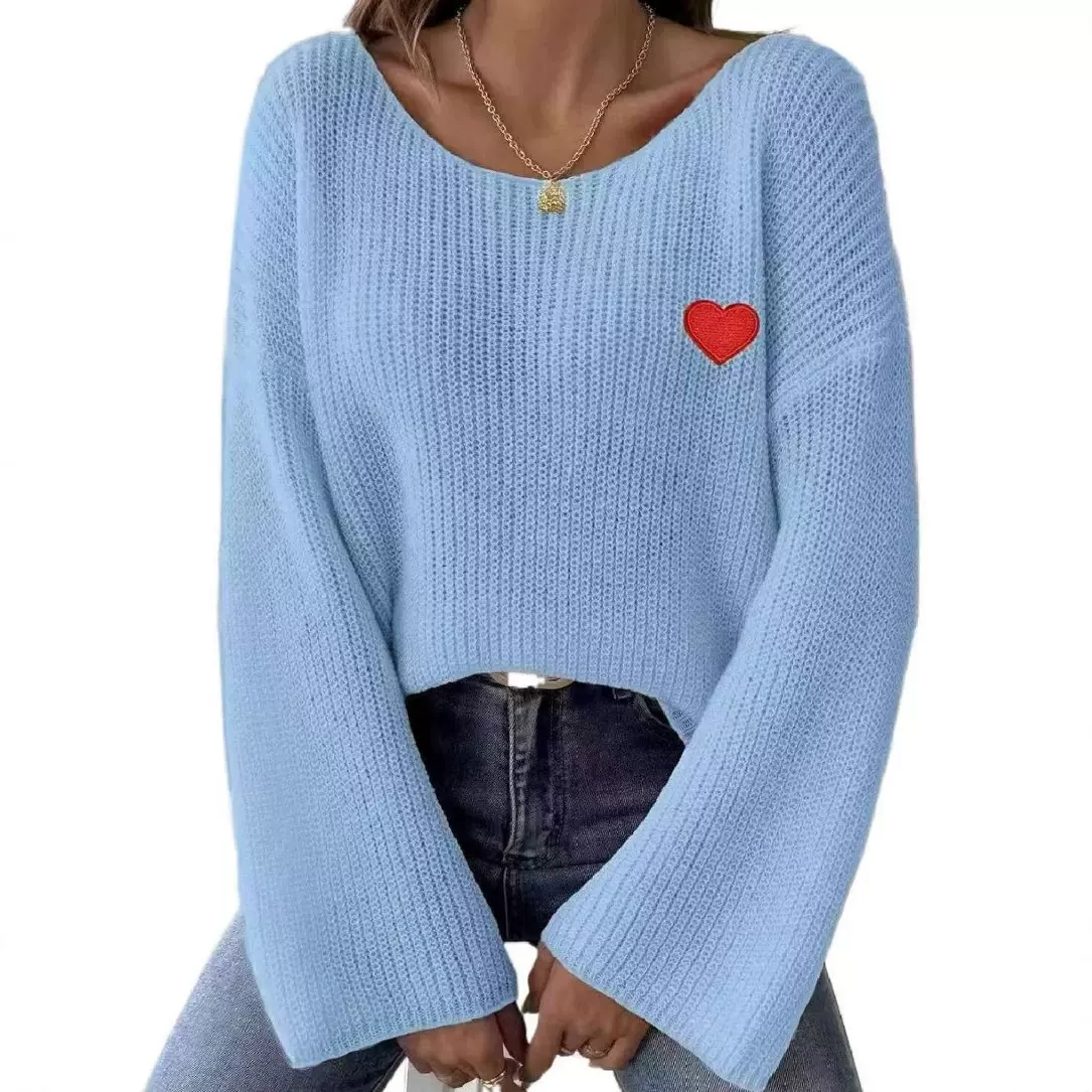 跨境亚马逊爆款情人节一字肩套头爱心刺绣贴宽松慵懒风毛衣上衣女
