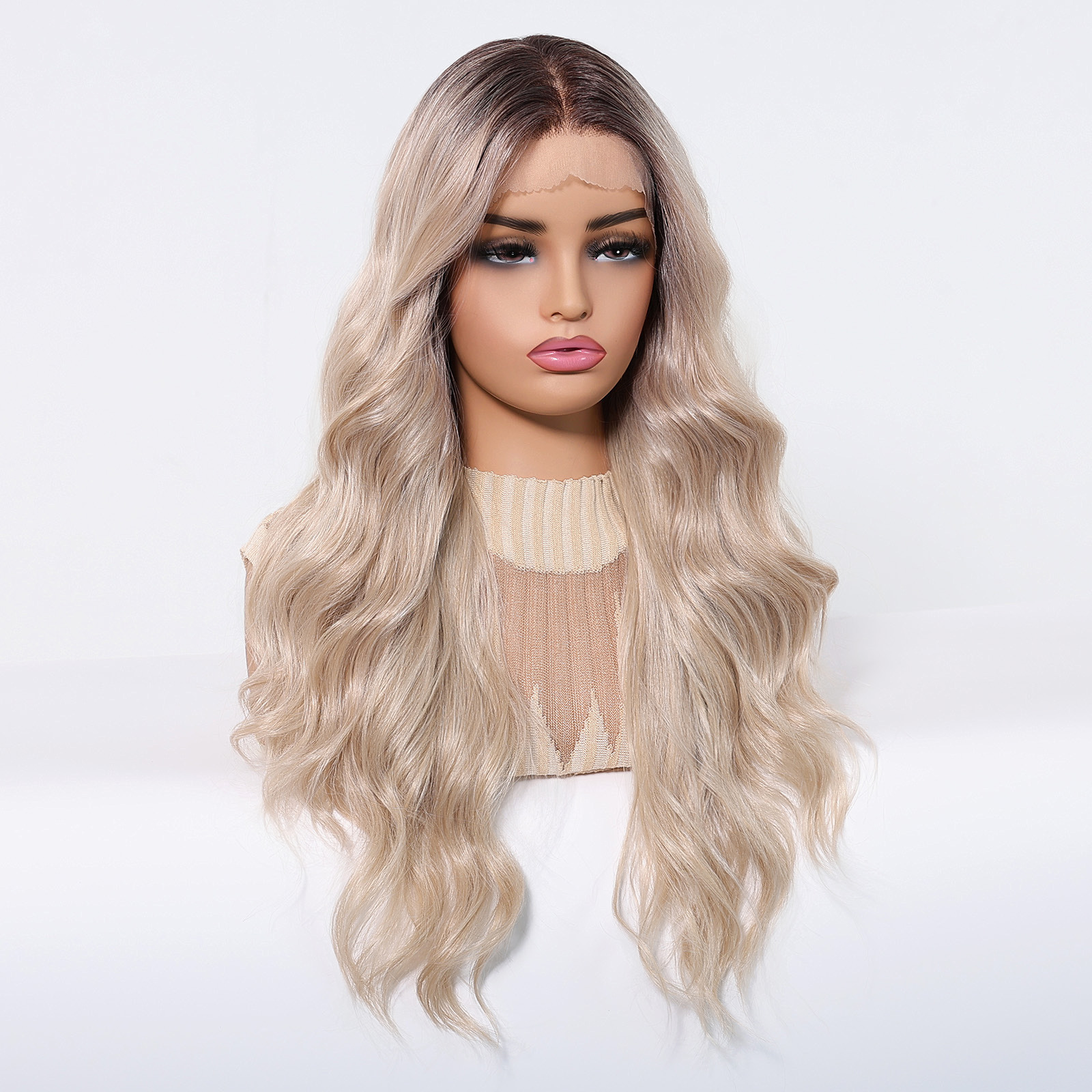 13*6 peluca de encaje de costura libre de área grande, suave y no fácil de anudar, cubierta completa de cabello largo y rizado de platino degradado