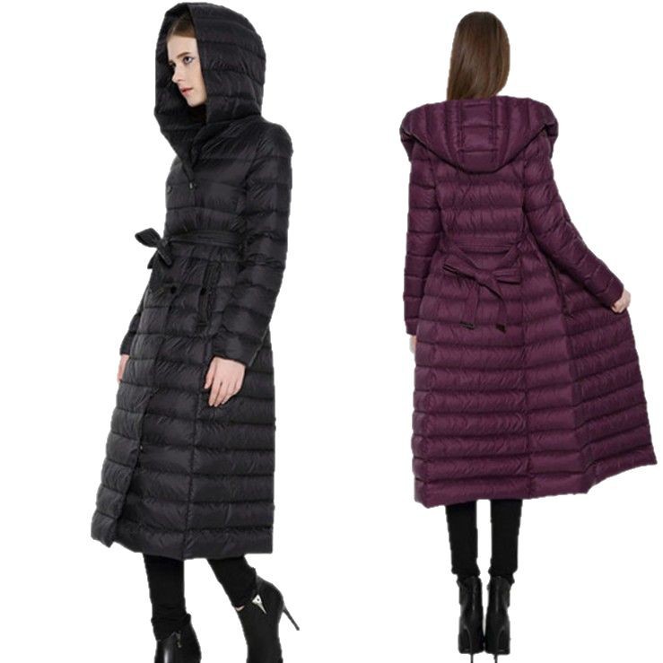 Damen-Daunenjacke, knielang, extra lang, leicht, mit Kapuze, schmale Passform, zweireihig, mit Gürtel, Übergröße_voghion.com