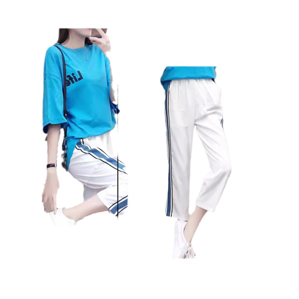 Summer Sports Women's Loose Casual Comfortable Printed Short Sleeve T-Shirt Color Block Jogger Nine-point Pants_voghion.com