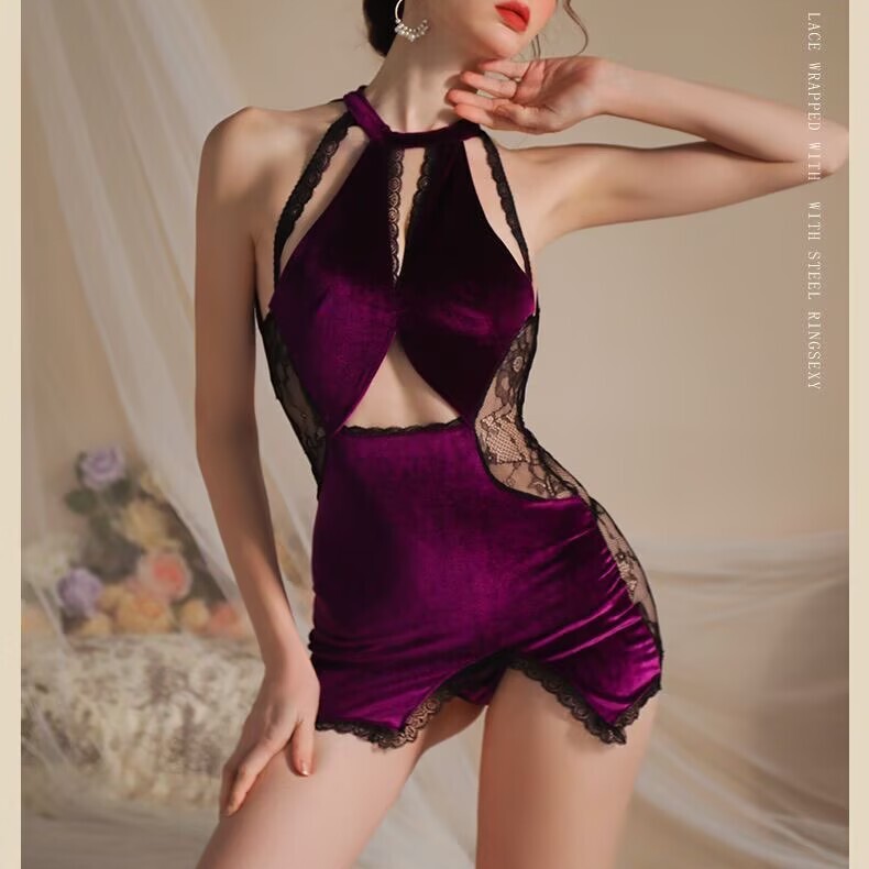 Sexy Lingerie with Pure Lace and Velvet, Elegant and Slimming, Purple Allure, Halter Neck, Classical Qipao