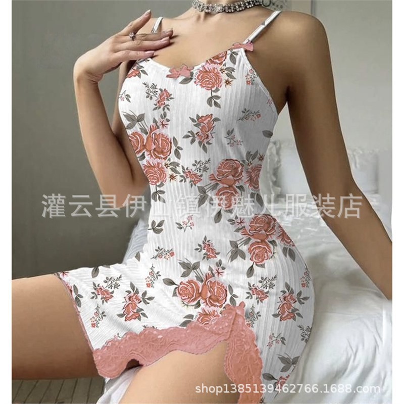 亚马逊新品心形印花撞色居家服开叉蕾丝花边蝴蝶结吊带裙5046|undefined