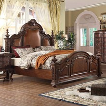 美式乡村实木真皮床双人床1.8米主卧2米雕花欧式床婚床复古皮艺床