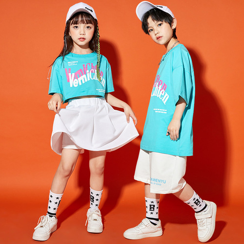 Turquoise hiphop dance costumes for Girls street jazz dance clothes children graduation school dance uniforms models hip-hop cheerleaders suit tide