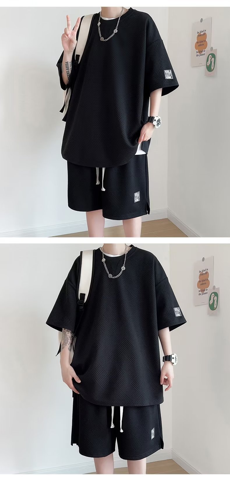 Ice Silk Waffle Short Sleeve T-Shirt Set for Boys And Teenagers Summer Casual Sports Shorts Stylish Outfit Regular Fit Micro-Elastic_viptrois.com