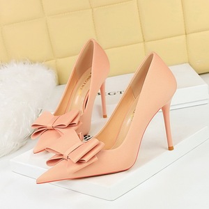 3265-H2 Korean Fashion Slim High Heel Shoes with Fine Heels, Satin, Shallow Mouth, Pointed Bow Tie, Single Shoe, High He