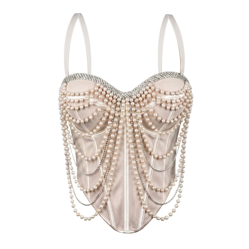 Cross-border pearl chain camisole, fringed fishbone bustier, hot girl stage performance tube top, party outfit